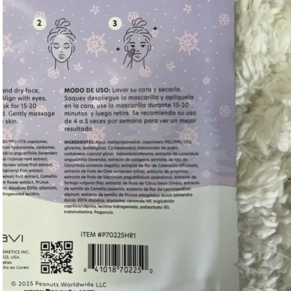 Celavi Peanuts Snoopy Nourishing Face Mask Lavender Collagen Hydrating Sheet